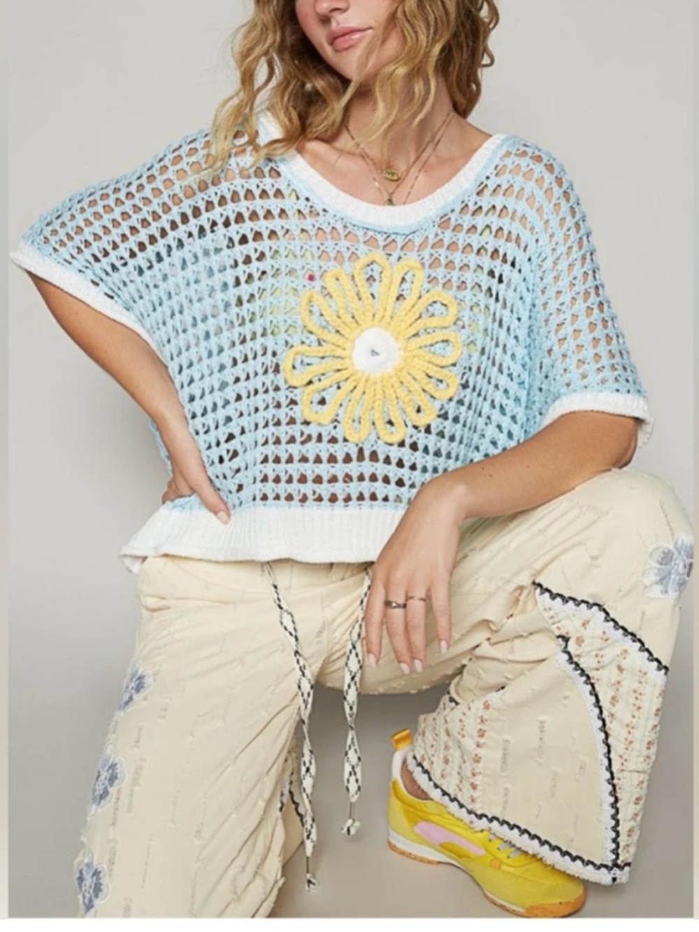 Light Blue Off-Shoulder Crochet Sweater Top with Yellow Daisy